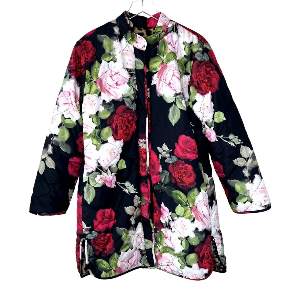 Johnny Was Vivi Puffer Jacket Reversible Floral Rose Print Leopard Faux Fur L - Picture 2 of 10